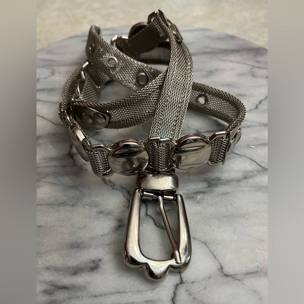 Vintage Heavy Silver Mesh Belt w Shiny Nickel Metal Sliders, High-end Fashion